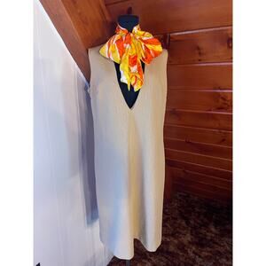 VTG 70s Tan Textured Polyester Deep V-Neckline Sleeveless A-Line Mini Dress sz L